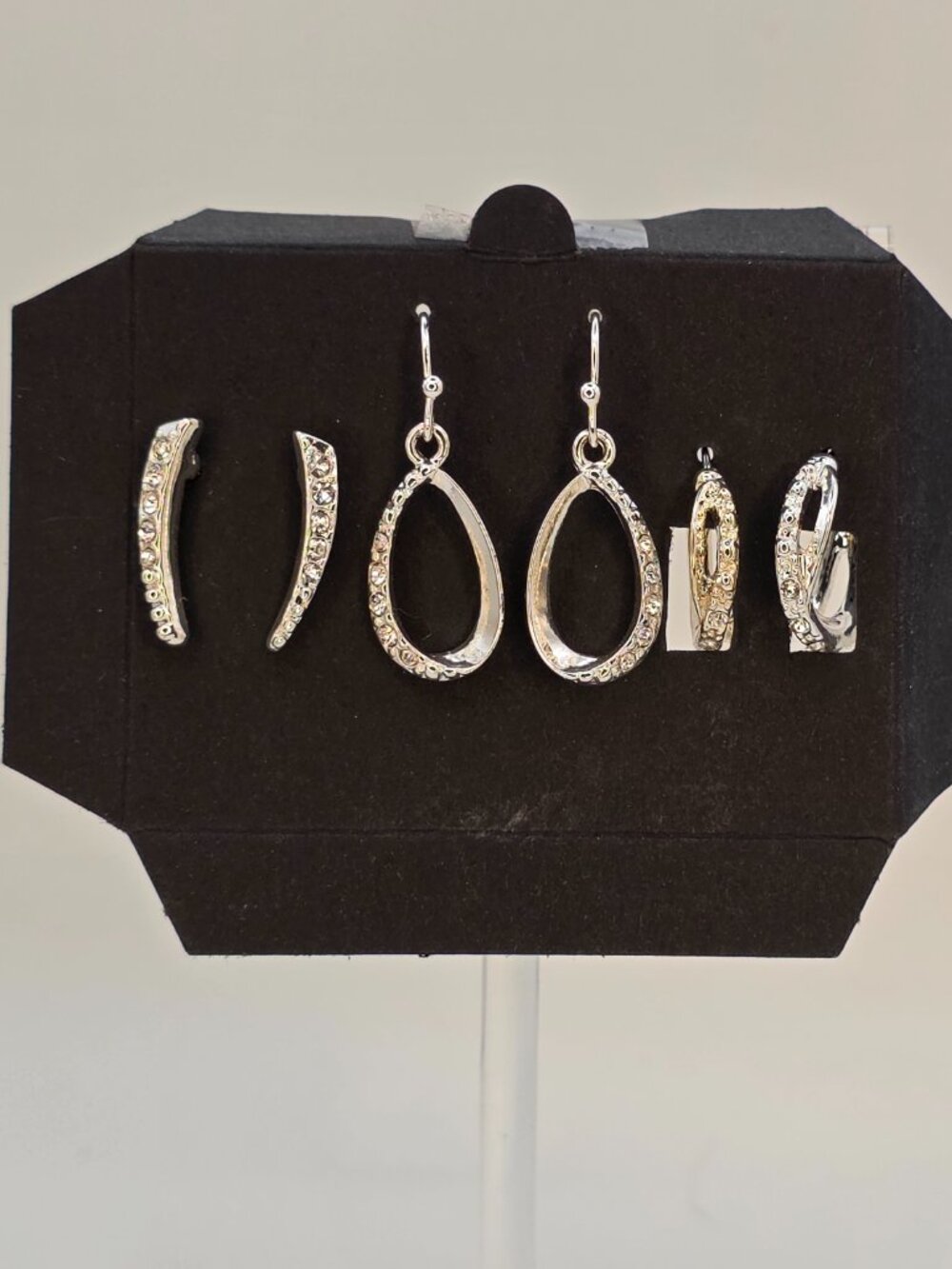 3-Pair Silver Tone Clear Rhinestone Earring Set Dangle Hoop Curved Stud